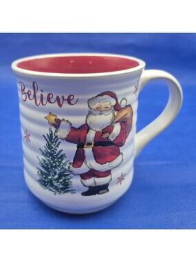 Jumbo Red White Ceramic Christmas Mug Santa Believe Snowflakes Peppermint & Pine
